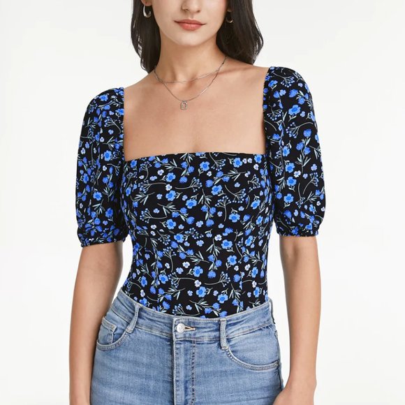 Commense Tops - Commense Square Neck Indigo Floral Short Puff Sleeve Top L Black Blue